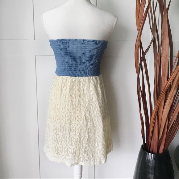 Lace and Denim Embroidered Strapless Dress - Picture 4 of 5